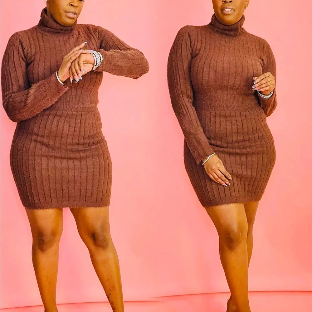 BROWN CHOCOLATE RIBBED FLUFFY SWEATER TWO PIECE LONG SLEEVE CROP TOP MIDI SKIRT